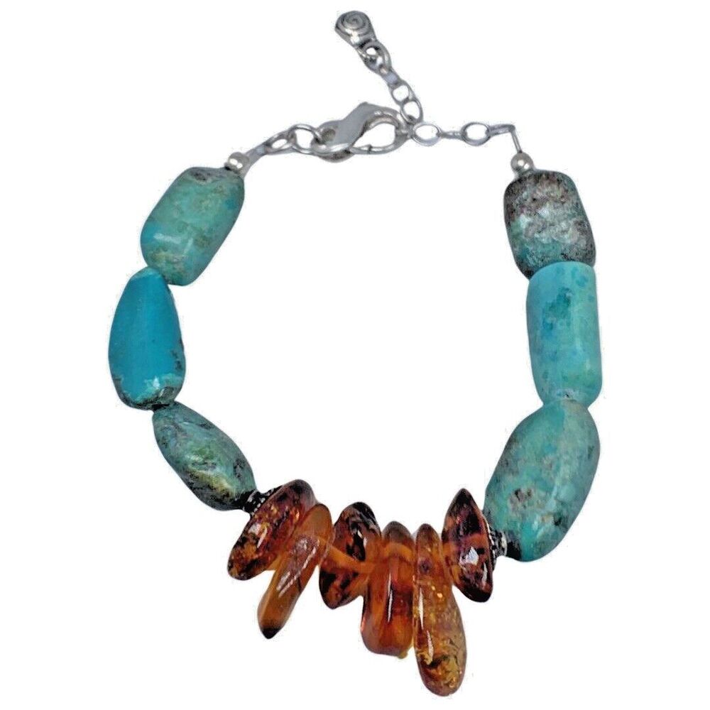 Baltic Amber Bracelet 7.5" Royston Turquoise 925 Sterling Southwestern Bohemian